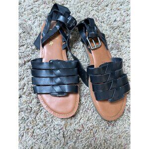 Celia Womens Black Sandals Woven Strap Brown Sole‎ Adjustable Buckle
